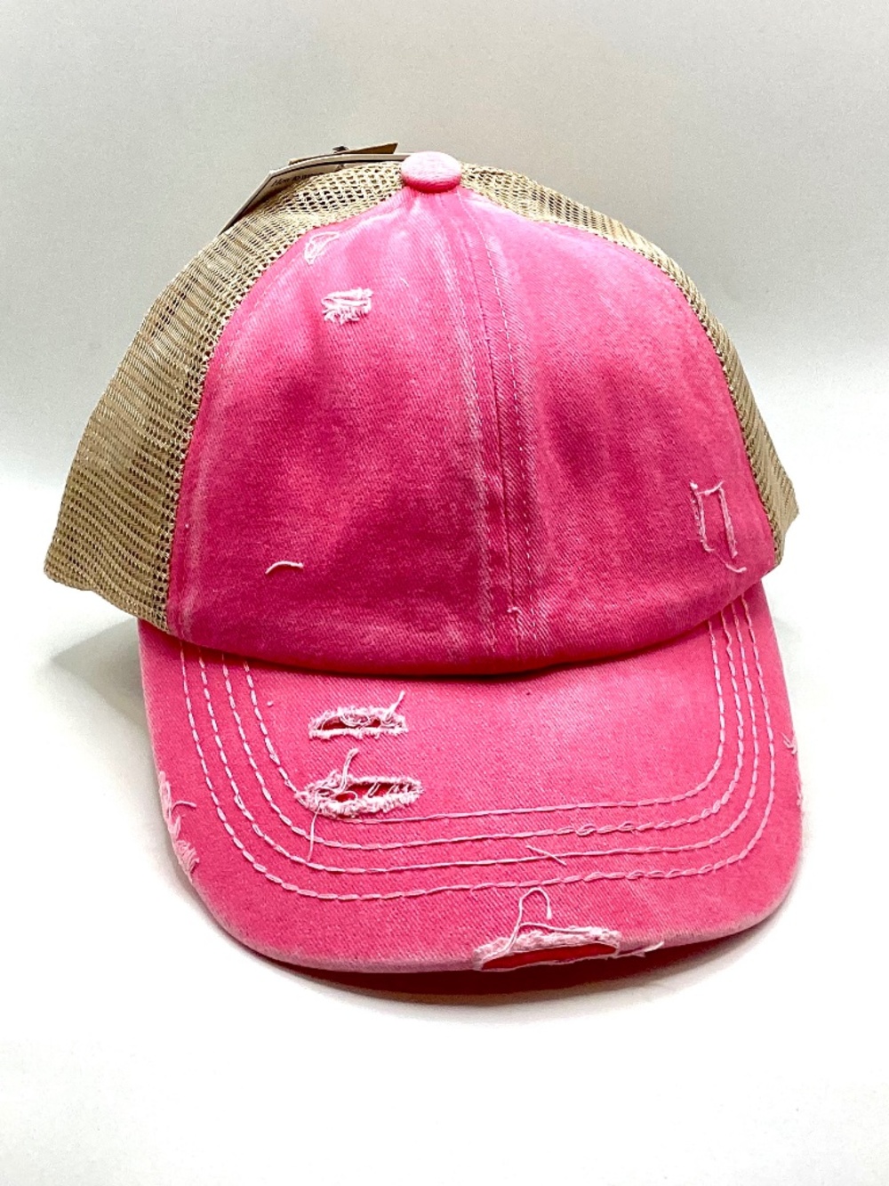 Funky Junque Mesh Back Criss Cross Ponytail Hat in Distressed Pink NWT